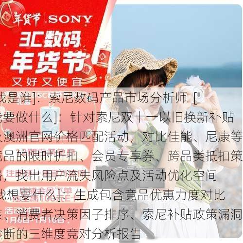[我是谁]：索尼数码产品市场分析师  [我要做什么]：针对索尼双十一以旧换新补贴及澳洲官网价格匹配活动，对比佳能、尼康等竞品的限时折扣、会员专享券、跨品类抵扣策略，找出用户流失风险点及活动优化空间  [我想要什么]：生成包含竞品优惠力度对比表、消费者决策因子排序、索尼补贴政策漏洞诊断的三维度竞对分析报告